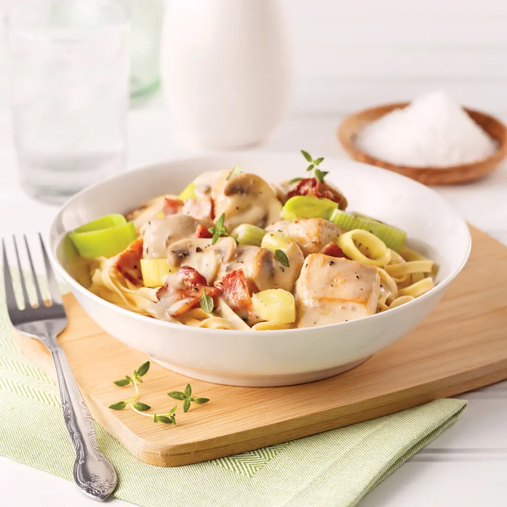 Creamy chicken with mushrooms and bacon casserole
