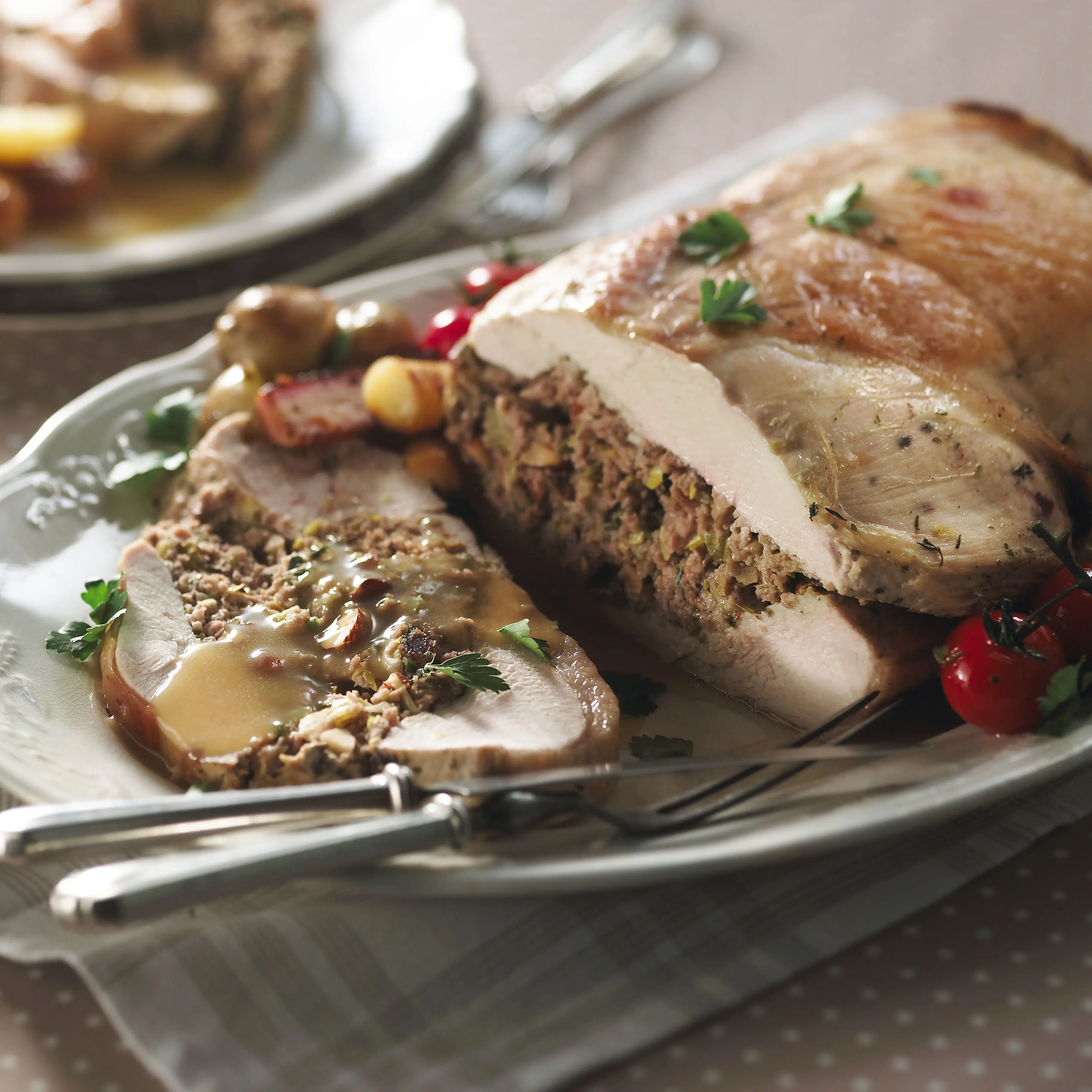 Roast turkey with leek, almond and chestnut stuffing