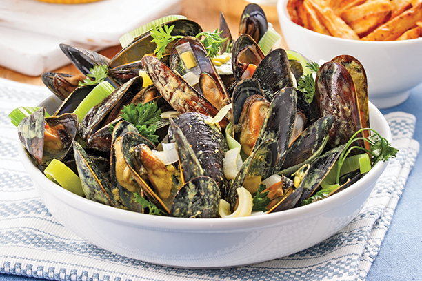 Recette de moules au cari et aux poireaux pour une entrée, un plat d'accompagnement ou un plat principal