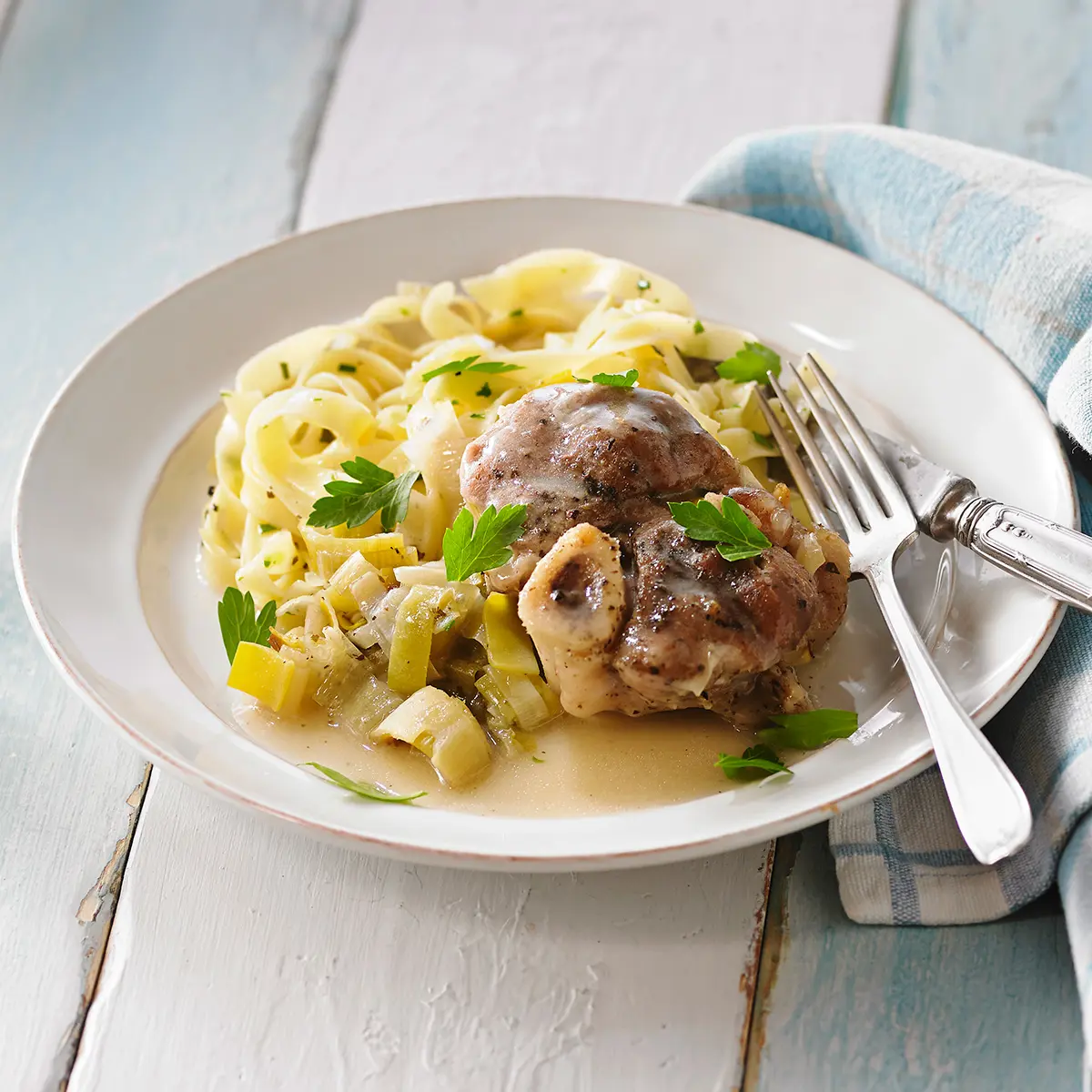 Osso buco mijoté à la fondue de poireaux