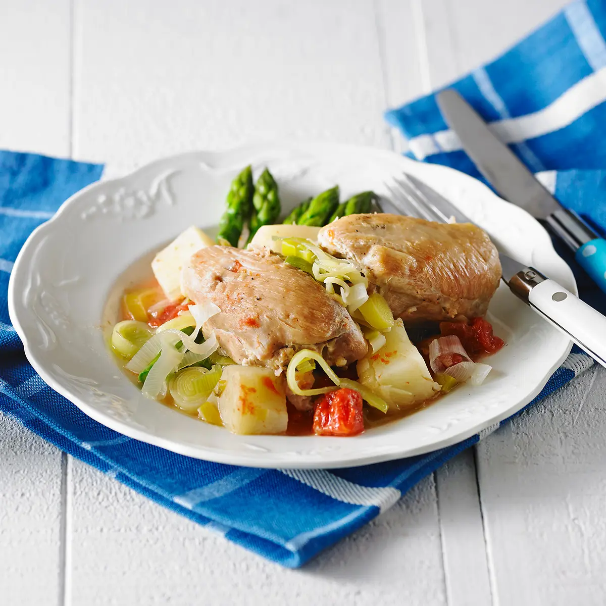 Hauts de cuisses de poulet aux poireaux et pommes de terre