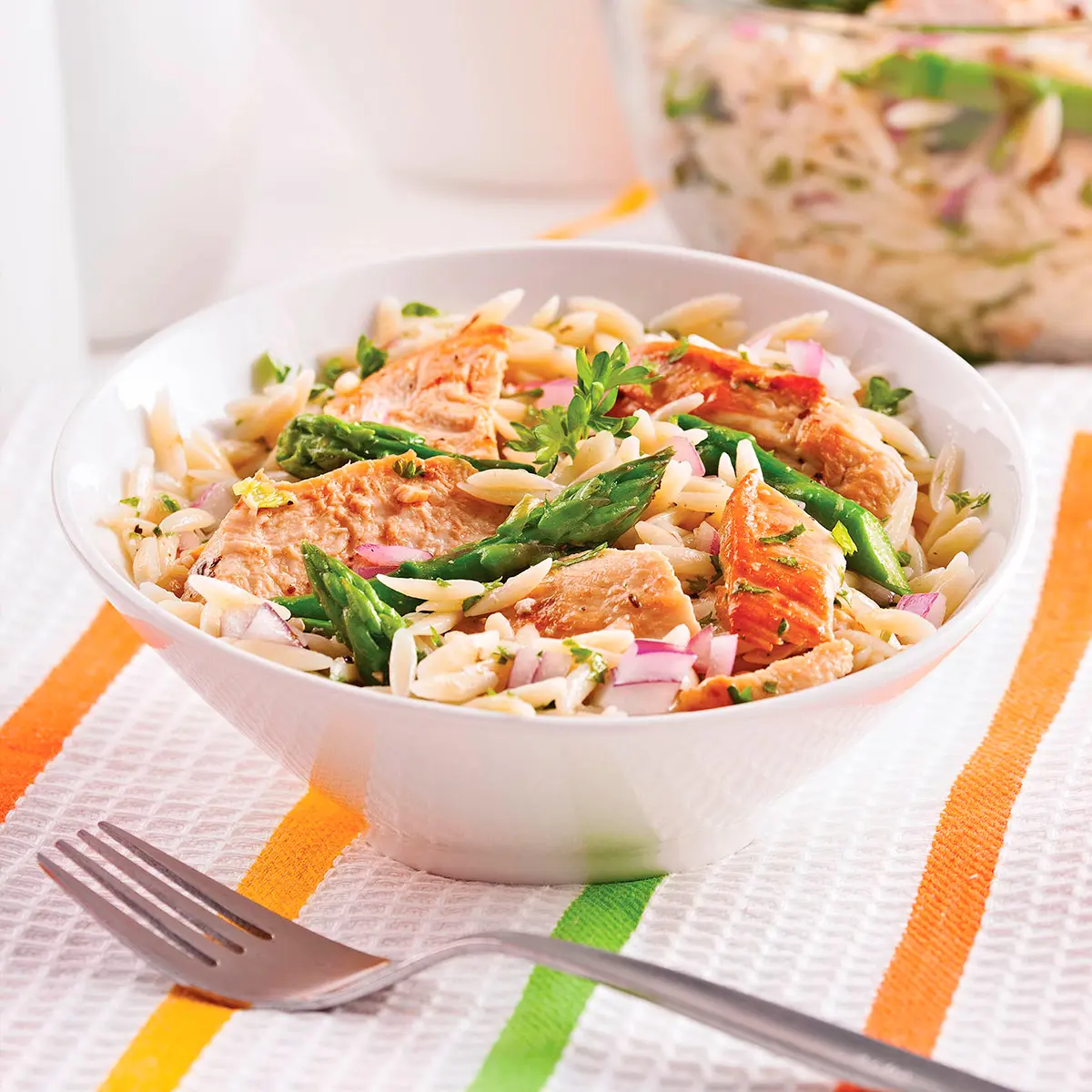 Orzo, asparagus and roasted chicken salad