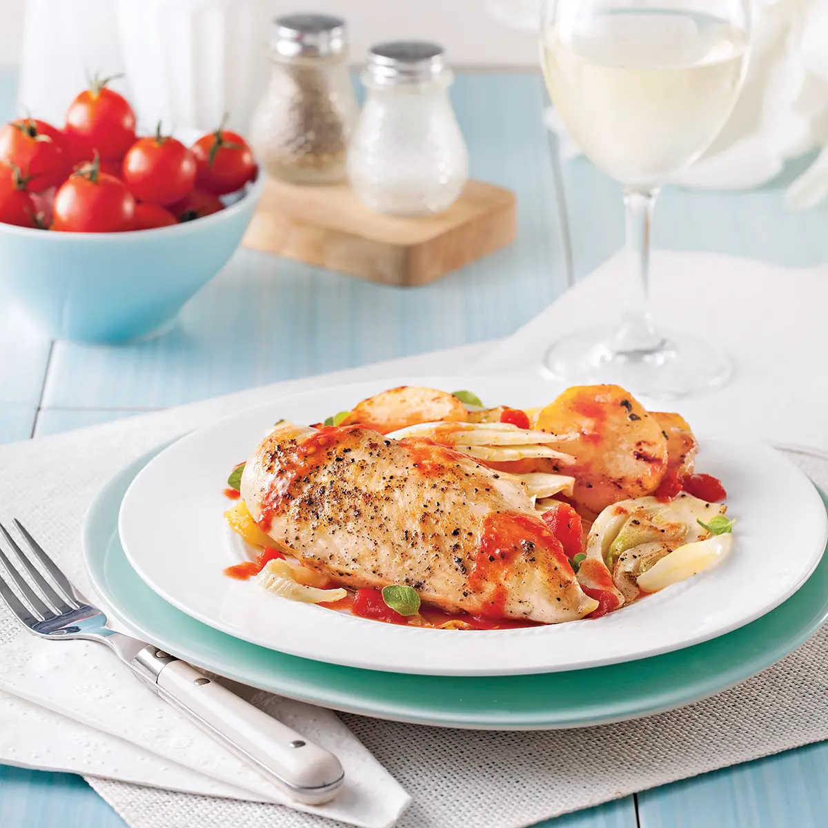 Italian-style chicken breasts and oven baked vegetables