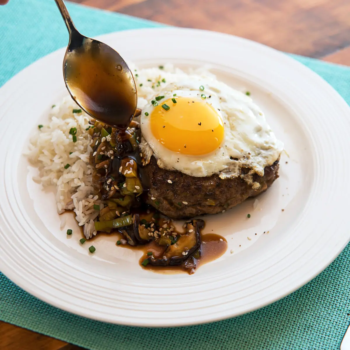 Beef, leek and shiitake loco moco