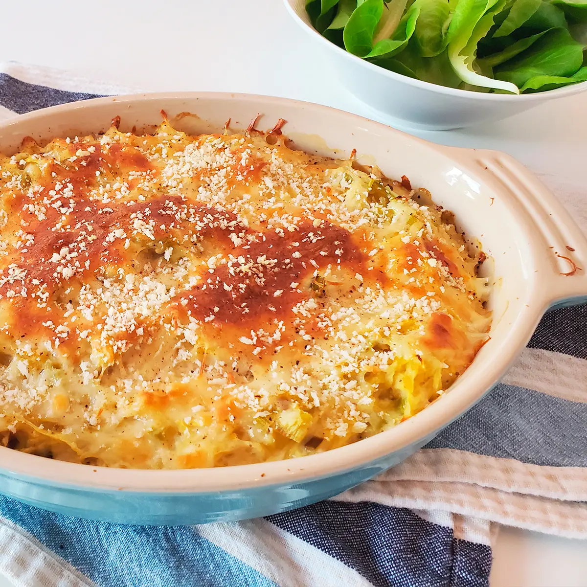 Spaghetti squash and leeks au gratin